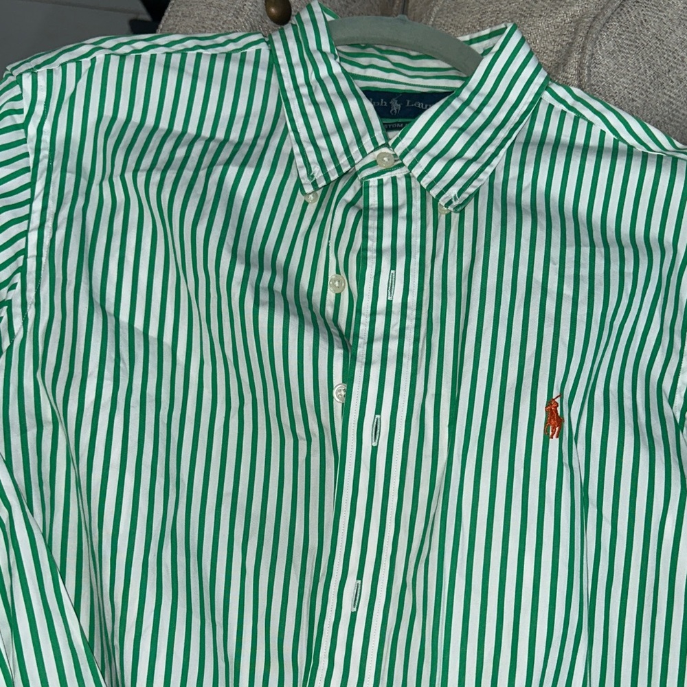 Polo by Ralph Lauren Green and White Striped Button-Down Shirt with Orange Pony